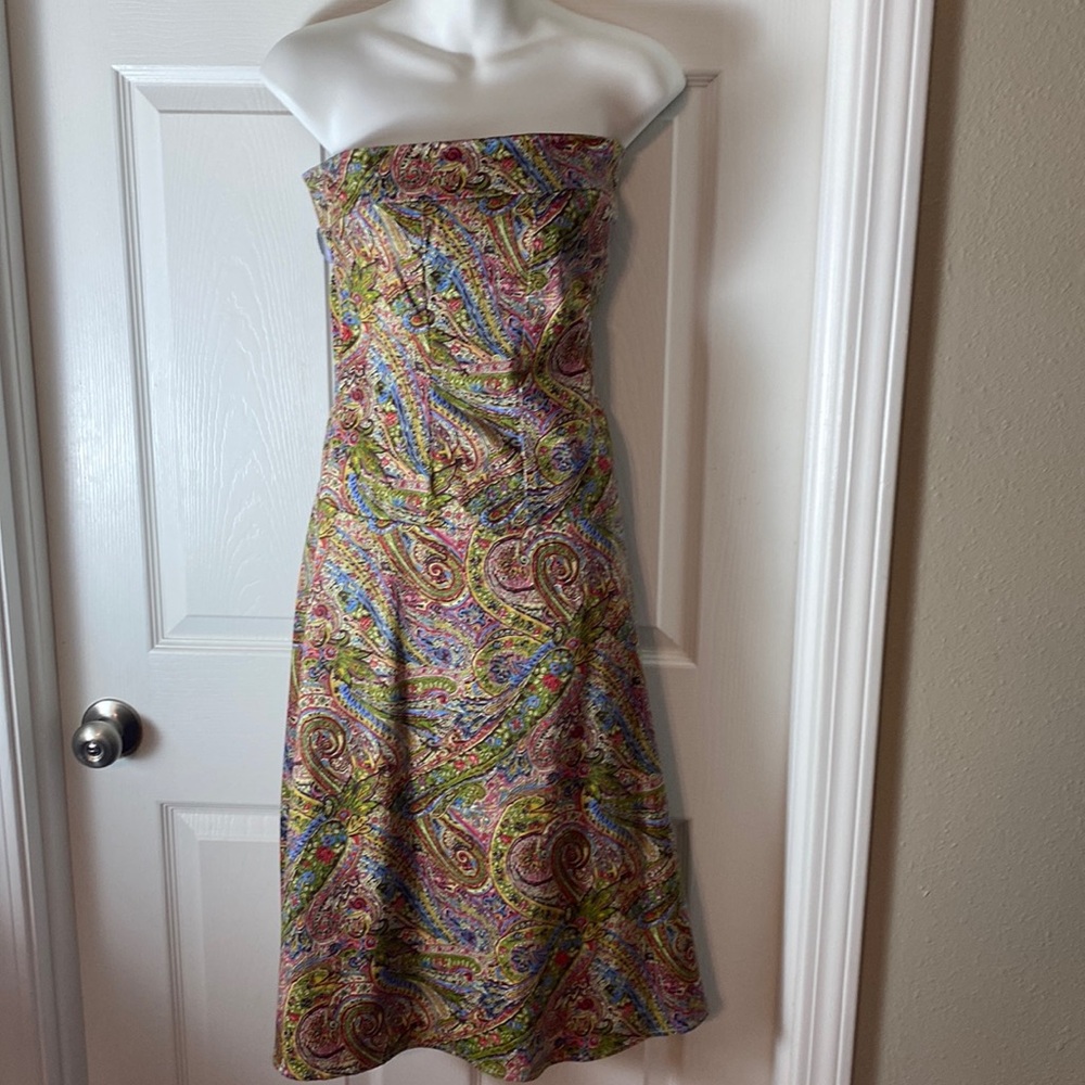 Vintage Paisley multicolor Print Stretch Empire Strapless y2k Dress Sz M Farani